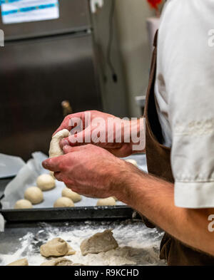 Male Chef Preparing Bread Dough for Selfmade Bread and Patties - Kitchen Set with Isolated Action, Only Chef`s Hands Stock Photo